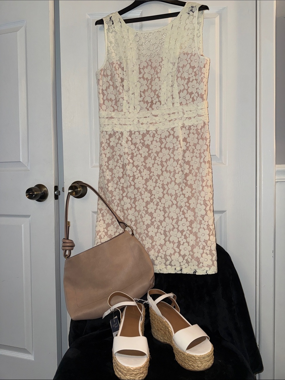 Donna Morgan Cream Lace Midi Dress with Blush Lining